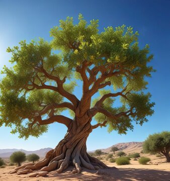 A majestic Argan tree in full bloom under a clear blue sky, argania spinosa, blossoms
