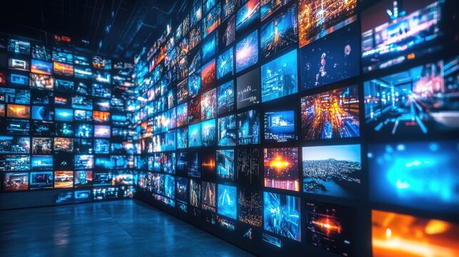 Video wall with multimedia images on different television screens, monitor, image, program, broadcasting, bright, colorful, technology, multicolored, display, media, communication, background