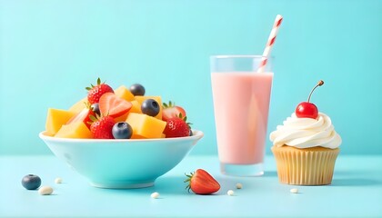 simple 3d vector illustration of various food items on a plain background