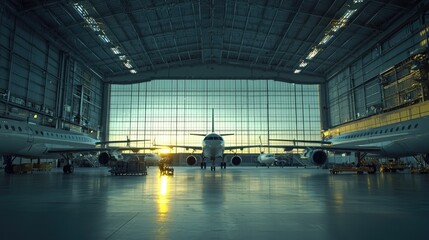 A spacious airplane hangar with several planes inside, undergoing maintenance and inspection. 