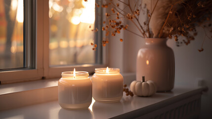 cozy fall scene with candles and pumpkins, in front of an open window, with dried flowers in the background, soft warm lighting, close-up on two white candle jars