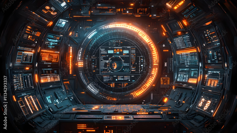 Poster futuristic control room with glowing interfaces and data displays.