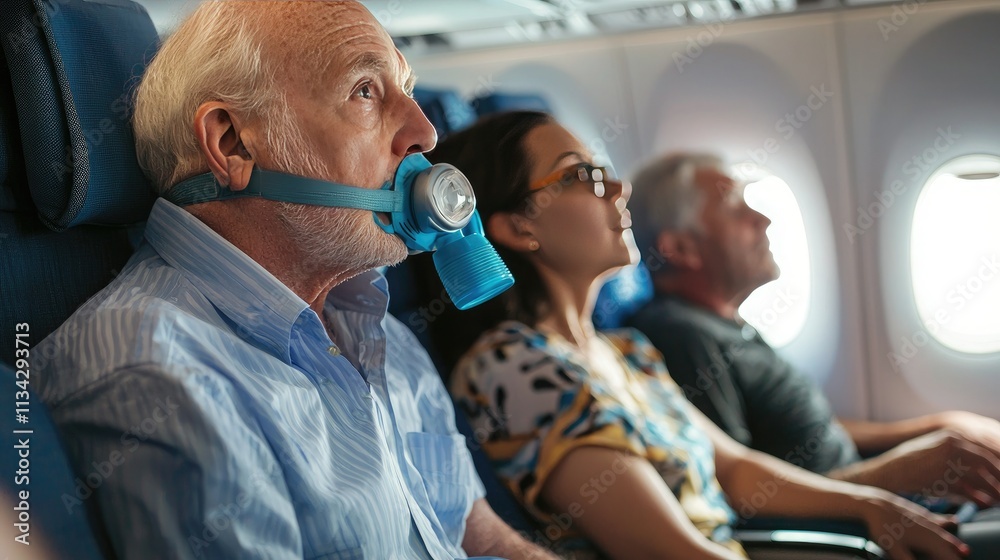 Poster an airplane safety demonstration showing passengers how to properly wear an oxygen mask.