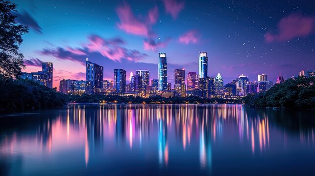 A vibrant city skyline at night, with skyscrapers glowing in hues of purple and teal. The reflections shimmer on a calm river below, while soft clouds drift across the starry sky, adding to 