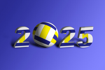 Volleyball image and number 2025 in 3D on blue background. Idea for design.