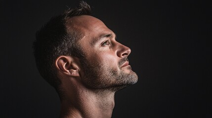 Fototapeta premium A profile of a man gazing upward, showcasing a contemplative expression against a dark background.