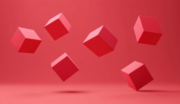 Fototapeta Six red cubes levitate against a red background.