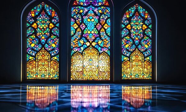 Three arched stained-glass windows illuminate a dark room, their vibrant colors reflected on the glossy floor.