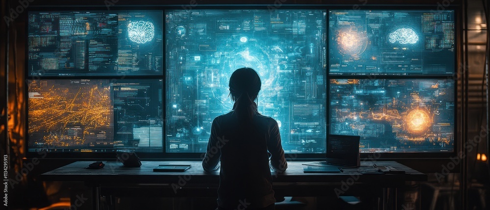 Poster individual analyzing data on multiple screens in a tech background