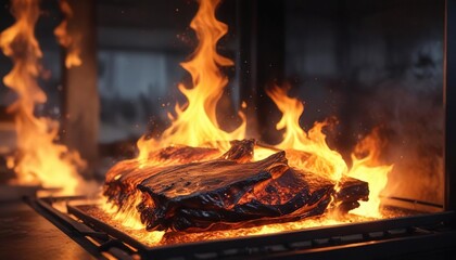 Burning flames rising from a metal cremation oven, ash, oven