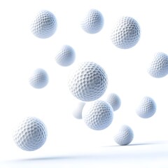A collection of floating white golf balls against a bright background.