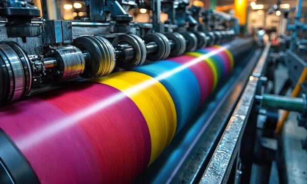 Colorful printing press in action, showcasing vibrant inks and industrial machinery.