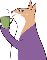 Illustration of a Cat Enjoying a Hot Beverage in a Cozy Purple Sweater