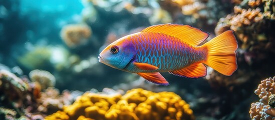 Vibrant orange and blue fish swimming amidst coral reef.