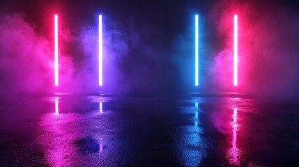 Wet Asphalt Reflecting Vibrant Neon Lights and Smoke 3