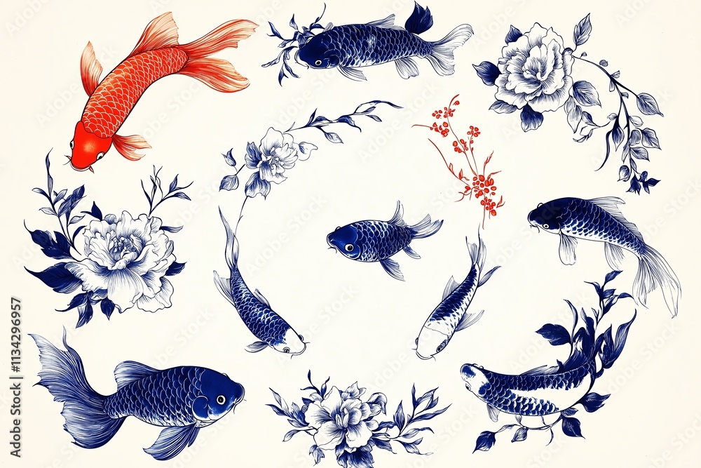 Poster an ink-style illustration of koi fish swimming in a circular pattern on a pale background