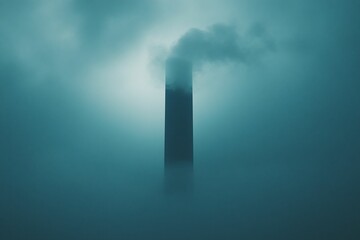 Mysterious Industrial Chimney Emerging from Thick Fog with Smoke Rising into Overcast Sky Creating an Atmospheric and Eerie Mood in Urban Environment