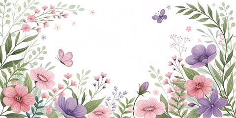 Obraz premium Enchanting Pastel Floral Border with Butterfly and Wildflowers V3