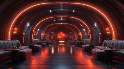 A futuristic lounge with glowing red accents and comfortable seating for relaxation.