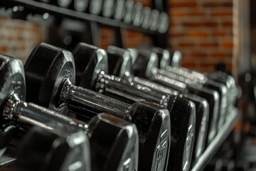 Close-up of a fitness woman lifting a dumbbell while leaning on a bench in a gym. Beautiful simple AI generated image
