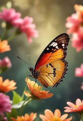 Fototapeta premium Single butterfly perched on a flower petal with blurred background and warm light , single butterfly, gentle glow, soft focus