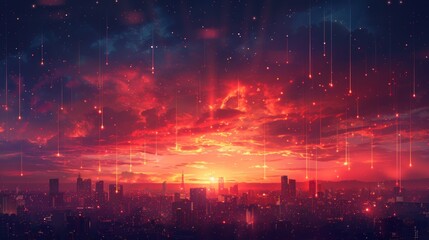 Fototapeta premium Fiery sunset over a silhouetted cityscape with raining lights.