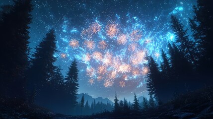 A vibrant New Yearâ€™s fireworks show above a dark forest with the tree silhouettes outlined by light The fireworks burst in vivid colors creating a magical scene in the quiet wilderness 