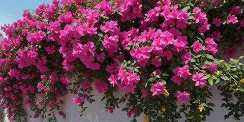 Fototapeta premium Bougainvillea vines covered in bright pink flowers with yellow centers and green leaves , pink flowers, plant species, floral arrangements