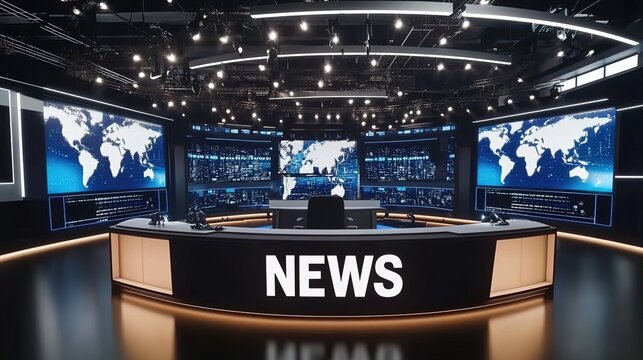 A virtual TV news studio with large LED screens displaying breaking news