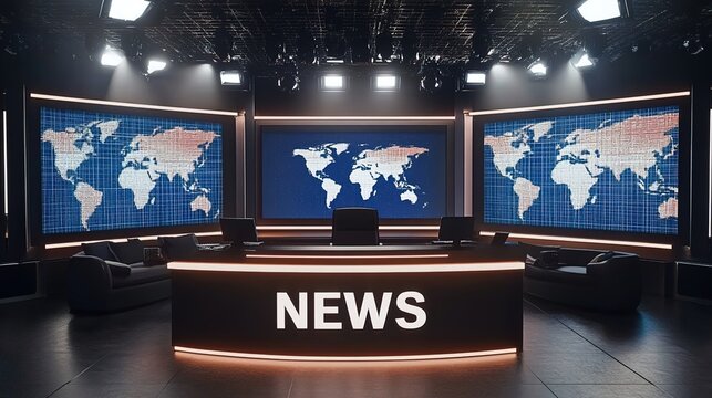 A virtual TV news studio with large LED screens displaying breaking news