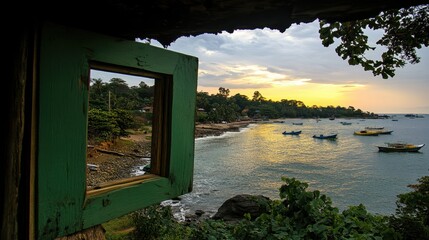 Sunset view through rustic window frame.