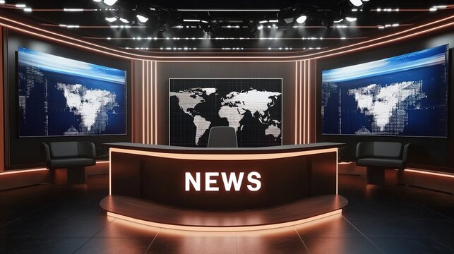 A virtual TV news studio with large LED screens displaying breaking news