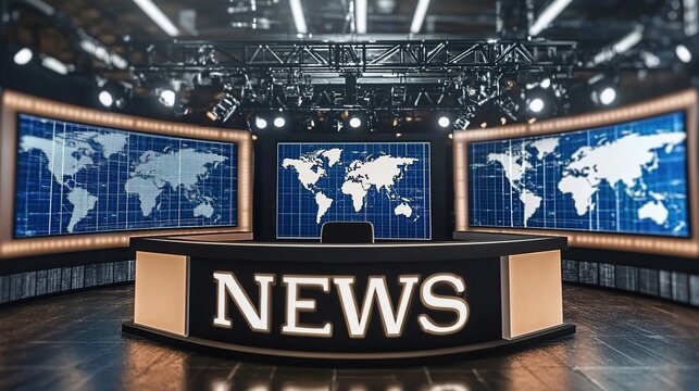A virtual TV news studio with large LED screens displaying breaking news - Powered by Adobe