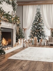 Fototapeta premium A cozy holiday scene featuring a decorated Christmas tree, wrapped gifts, and a warm fireplace, all surrounded by festive decorations and soft lighting.