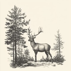 Obraz premium A detailed illustration of a majestic stag surrounded by tall trees, showcasing nature's beauty and wildlife.
