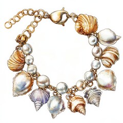 A beautiful bracelet featuring various seashells and pearls, combining elegance with a coastal theme.