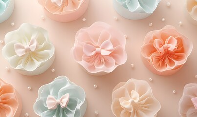 Obraz premium Top view of light pastel floral bow treats with small pearl toppings.