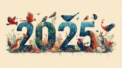 A colorful depiction of the year 2025, featuring vibrant flora and fauna elements, including various birds and natural motifs.