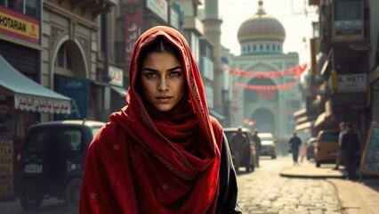 Captivating Portrait of a Woman in Red Hijab Amidst Bustling Street Scene, Perfect for Cultural and Fashion Photography