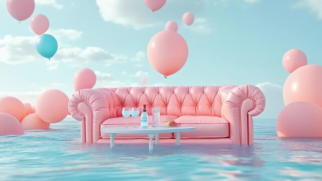 Surreal pink inflatable sofa and table with drinks on water surrounded balloons and cloouds floating in sea. Concept paradise vacation and date. Valentine's Day. Advertising comfortable furniture.