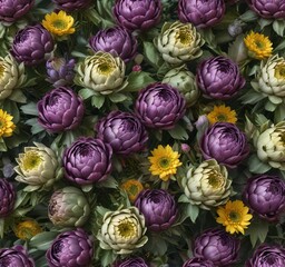 Obraz premium Artichoke flowers in a bouquet with other seasonal flowers , arrangement, floral, flower