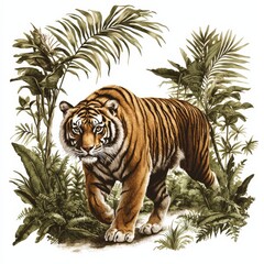 A majestic tiger walks through lush tropical foliage, showcasing its striking orange coat and powerful presence in a vibrant natural setting.