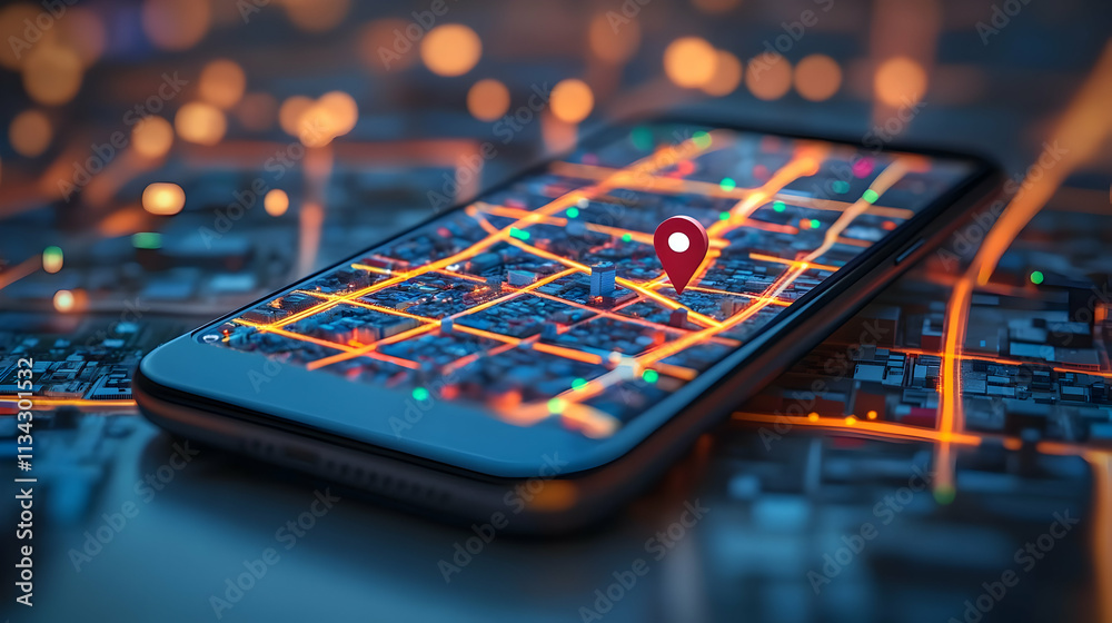 Poster a smartphone displaying a map with a location pin, symbolizing navigation and technology.