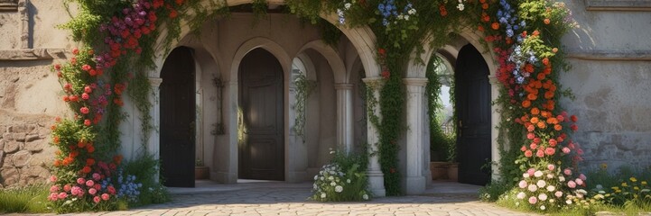 Arched doorway overgrown with vines and flowers, greenery, stone arch, flowering plants