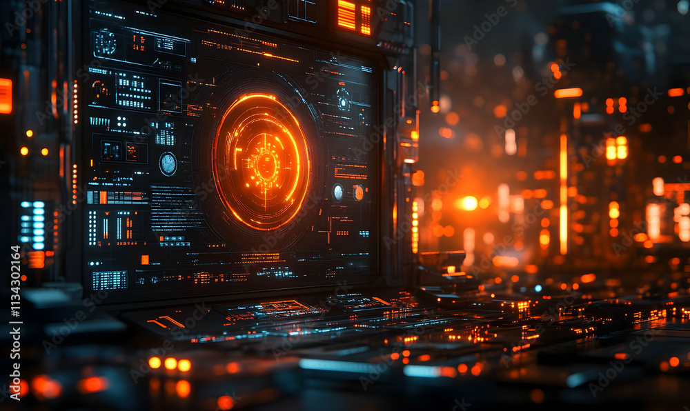 Poster futuristic control panel with glowing interfaces and data visualizations.
