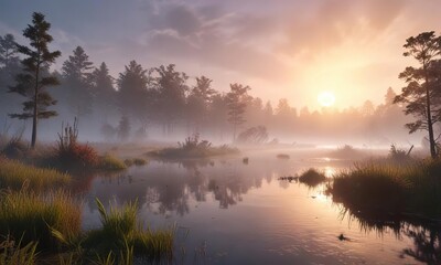 Obraz premium Softly glowing mist descends upon a serene marshland, serene, reeds, tranquil