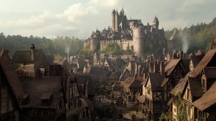 village in the Middle Ages, with a castle visible in the background.