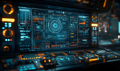 Obraz premium Futuristic control panel with glowing interfaces and data displays.