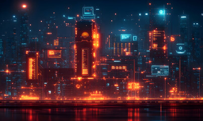 Fototapeta premium Futuristic cityscape illuminated with neon lights and digital interfaces.