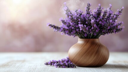 Fototapeta premium A wooden vase filled with vibrant lavender flowers, creating a calming atmosphere.